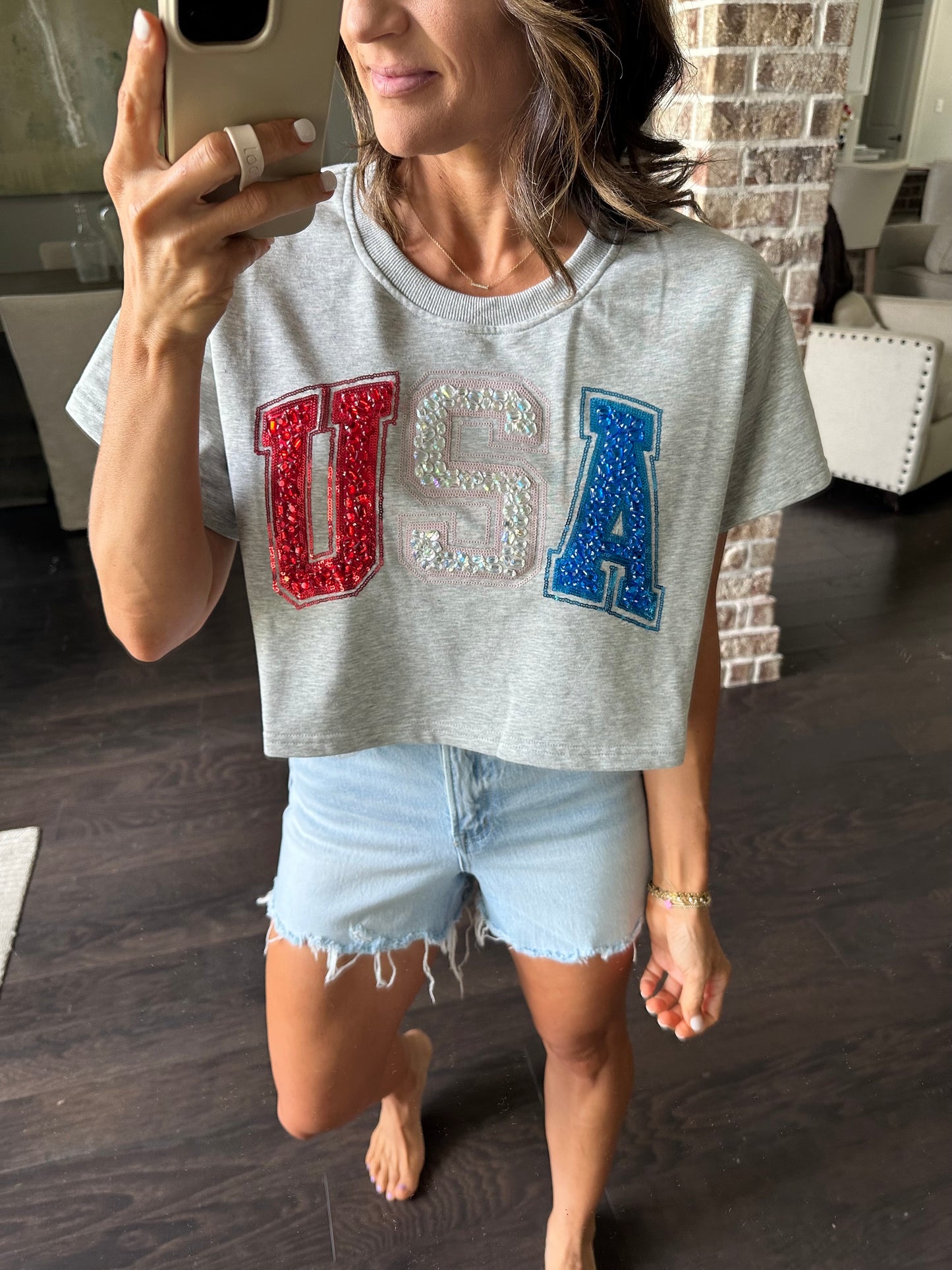 QOS Beaded USA Top- Grey