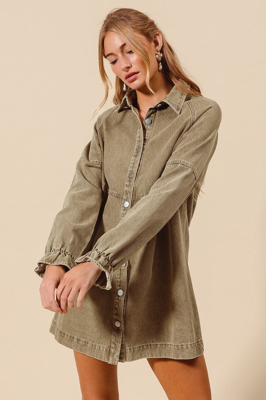 Sula Button Denim Dress- Olive