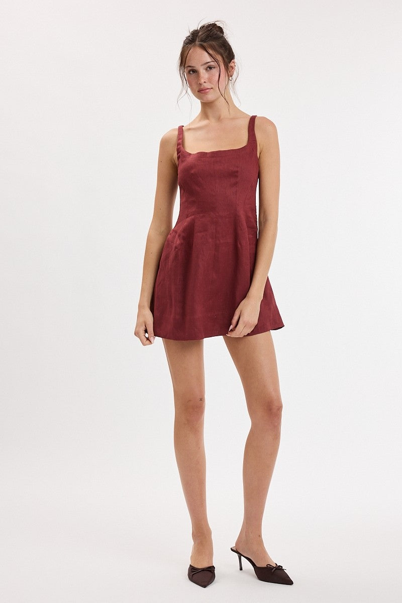 Louis Linen Square Neck Mini Dress- Brandy Brown