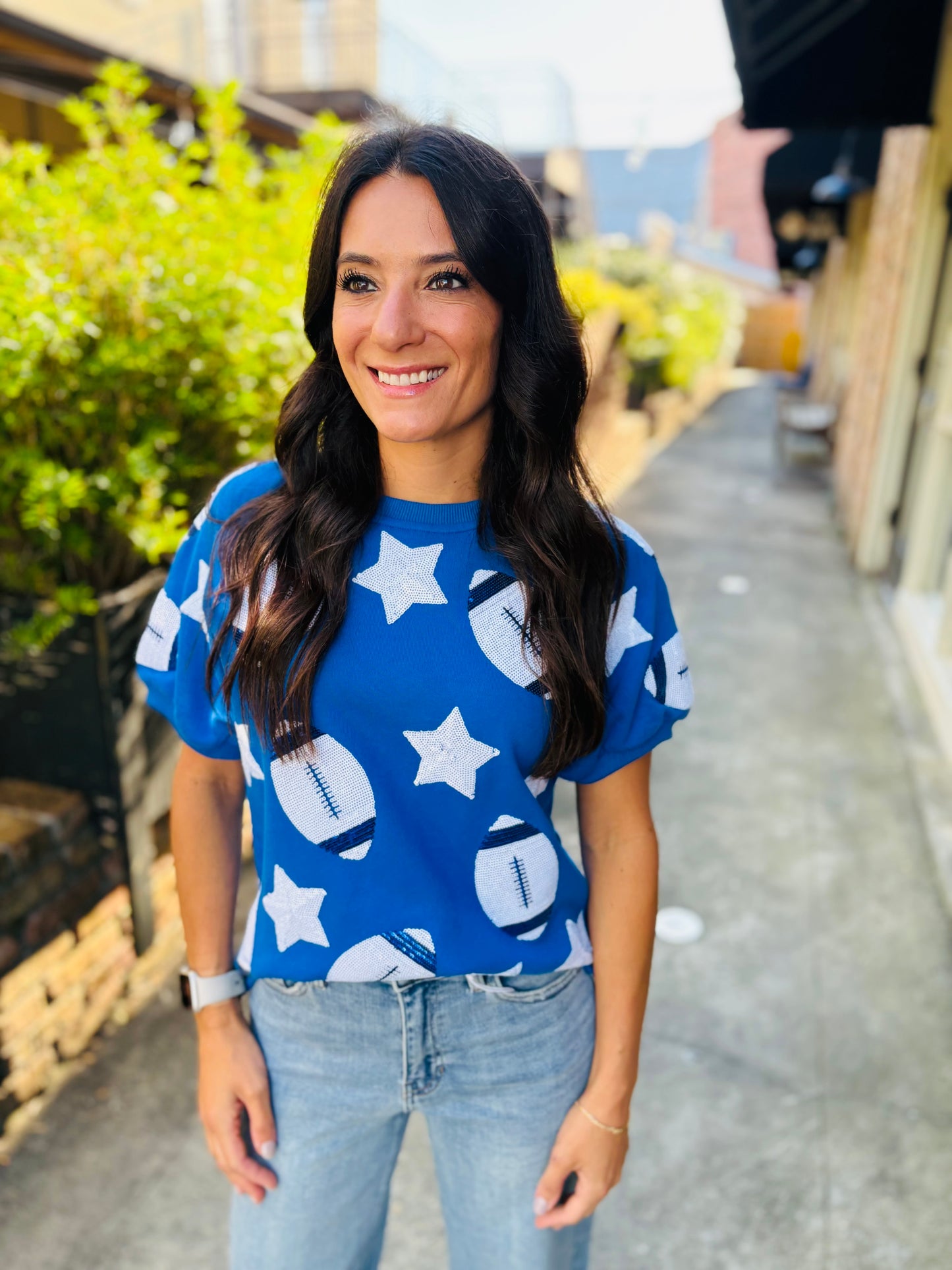Scattered Football & Stars Top- Royal