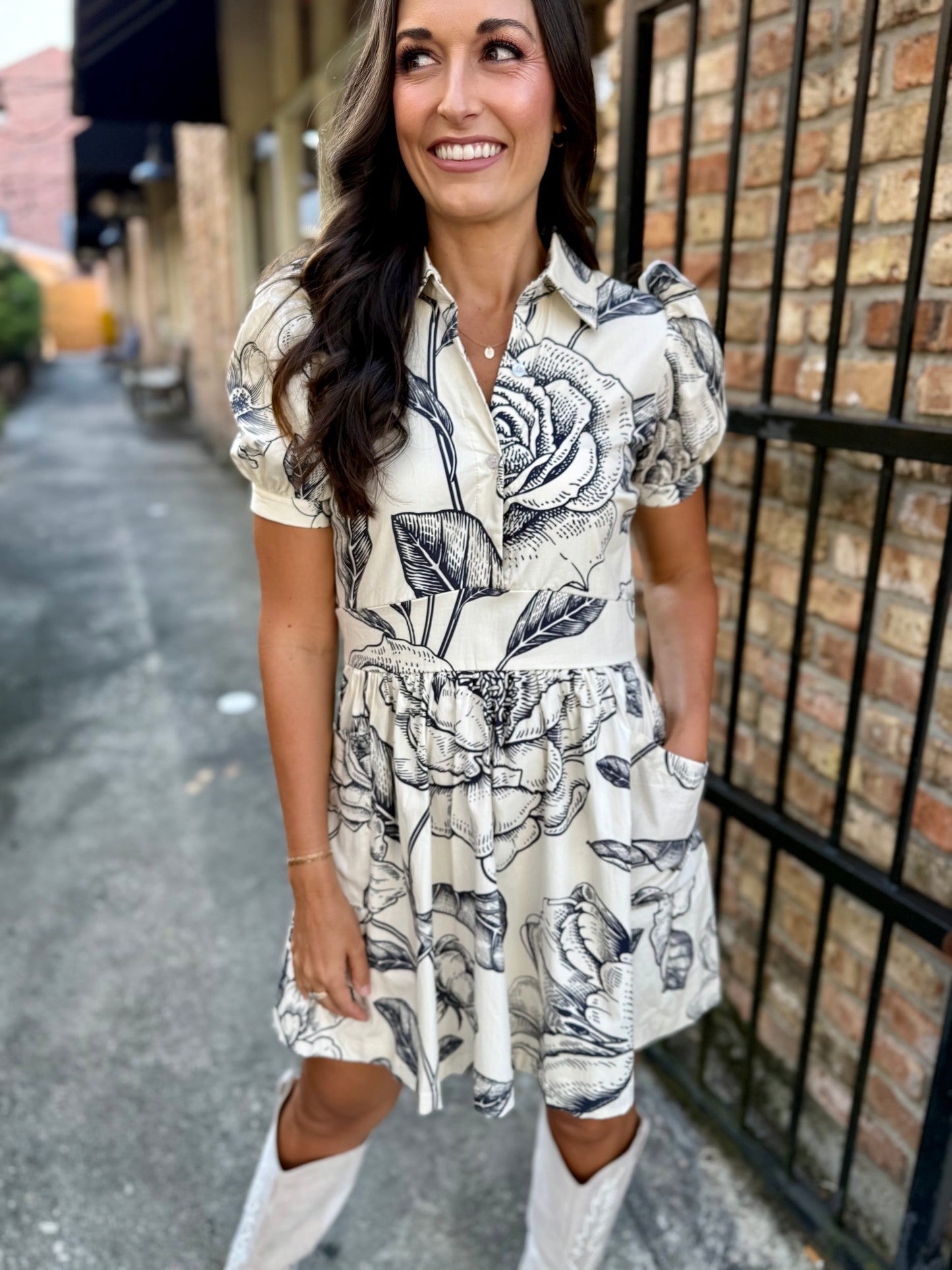 Sandra Floral Puff Sleeve Dress- Cream