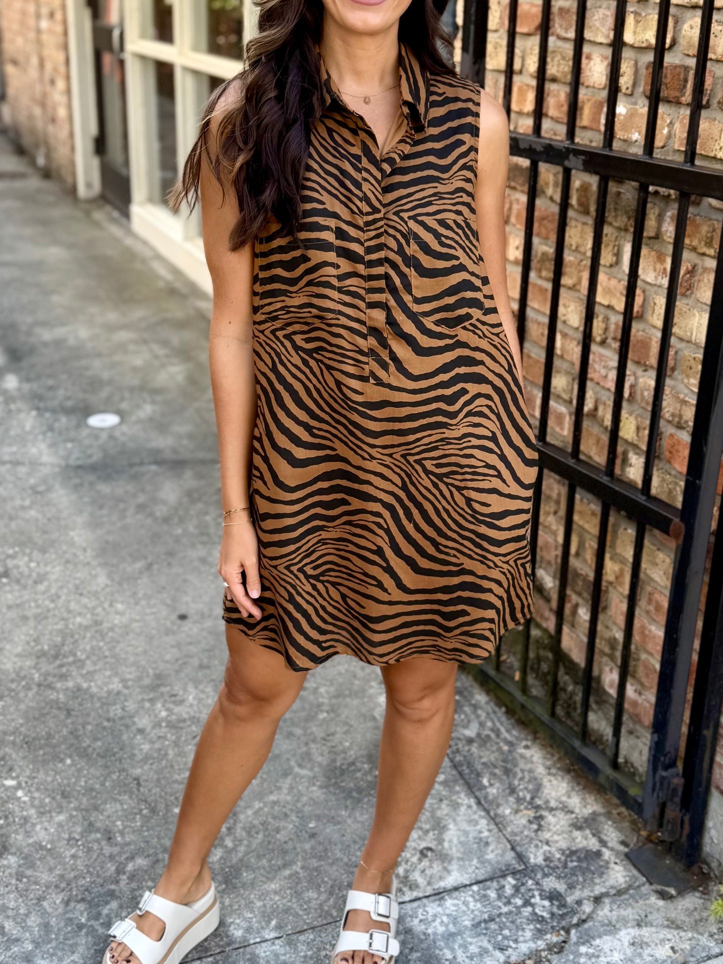 Tiger Print Button Down Shirt Dress