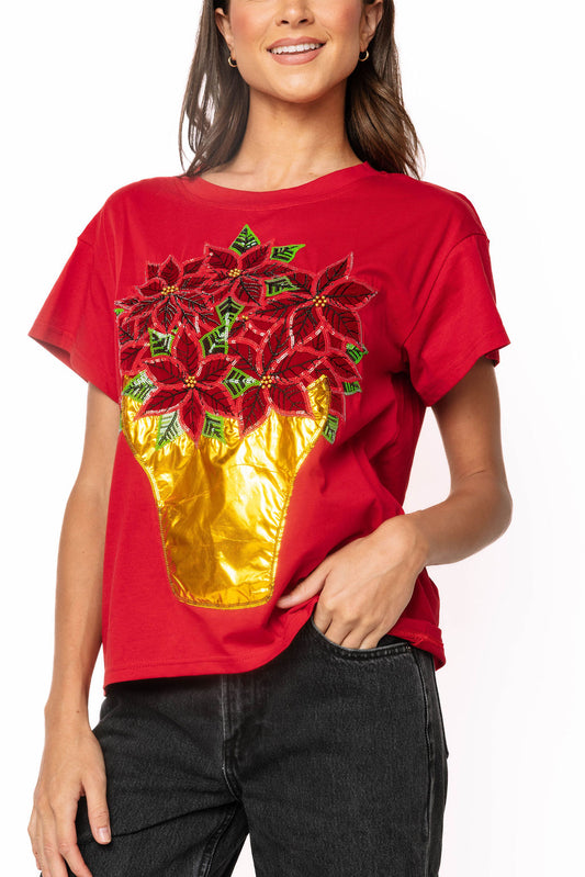 Queen Poinsettia Flower Pot Tee- Red