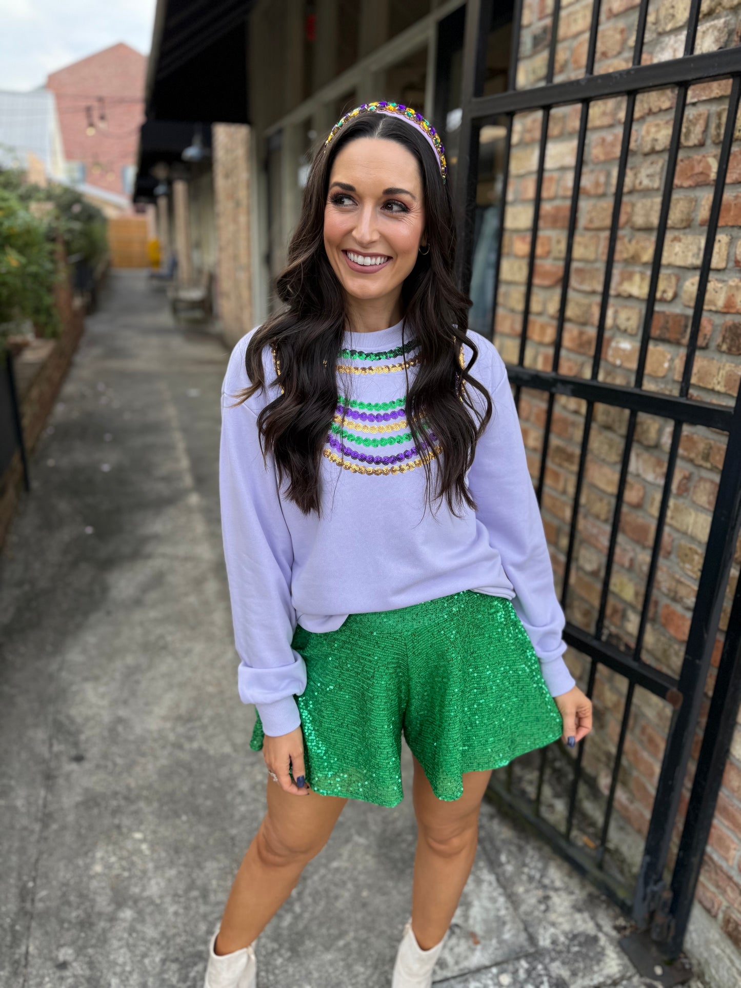 Mardi Gras Bead Sweatshirt- Lavender