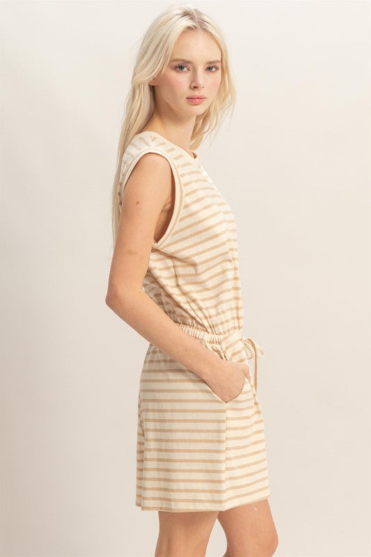Luann Striped Drawstring Romper- Taupe