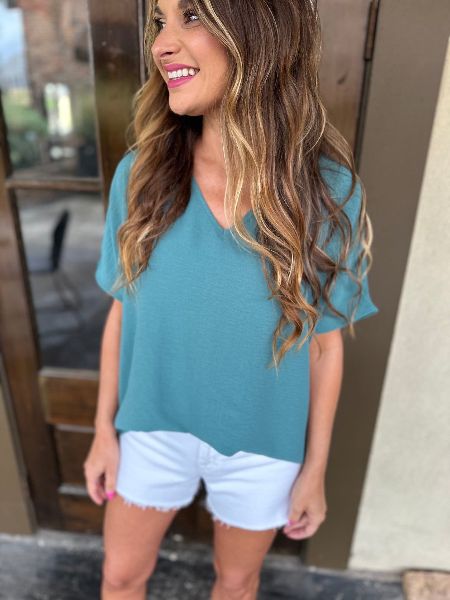 Flowy V Blouse- Forest Green