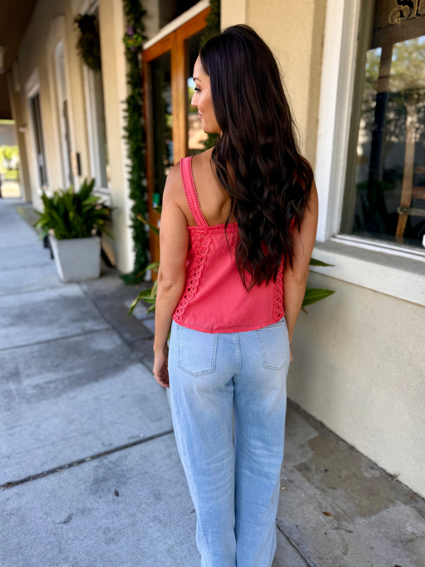 Doha Eyelet Flowy Tank- Bright Pink