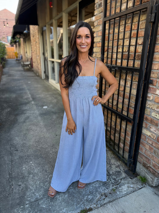 Garden Sun Smocked Jumpsuit- Blue
