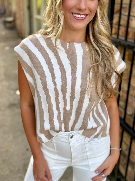 Tiger Boxy Sweater Top- Ivory/Tan