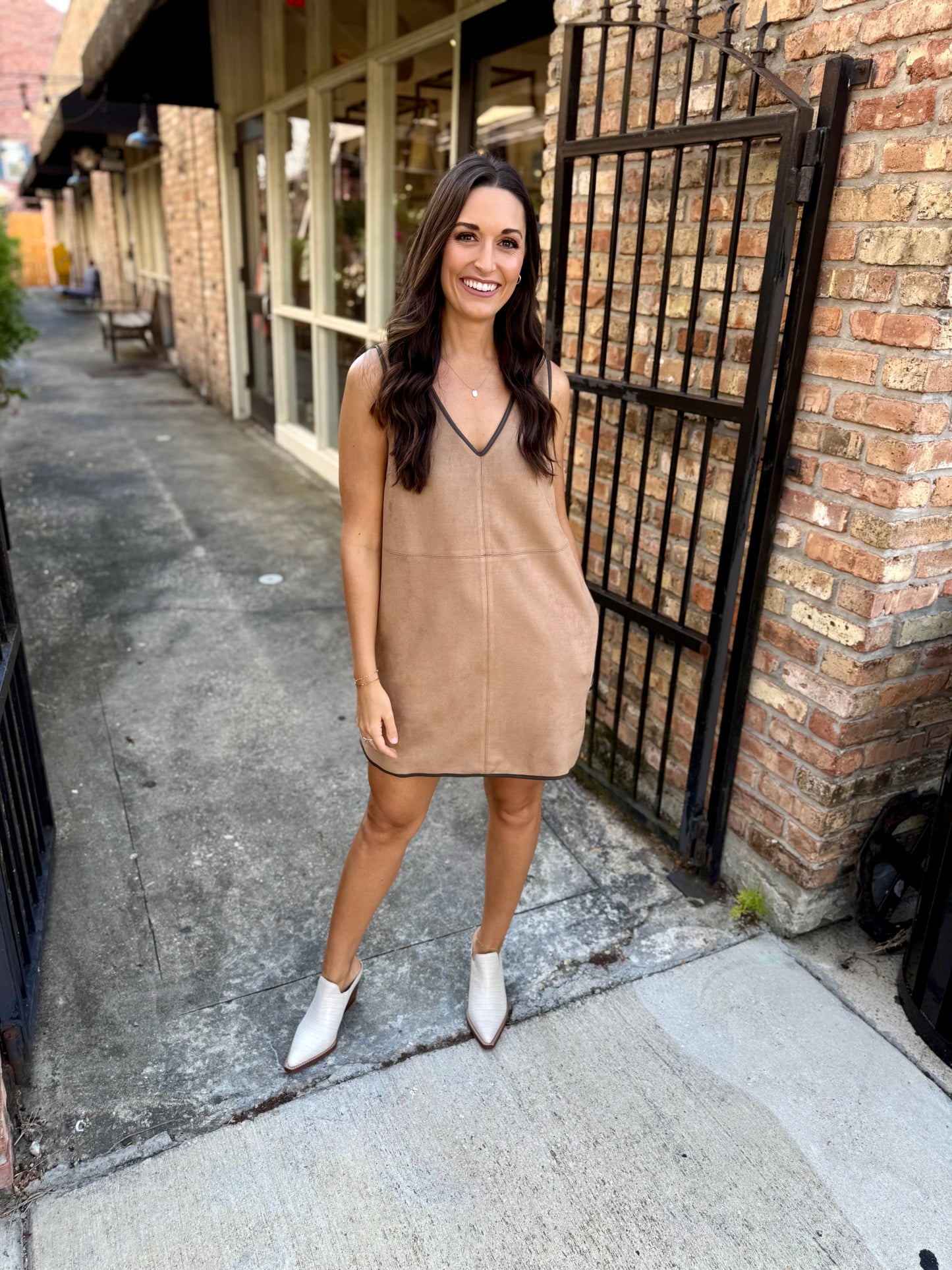 Brady V-Neck Suede Shift Dress- Mocha