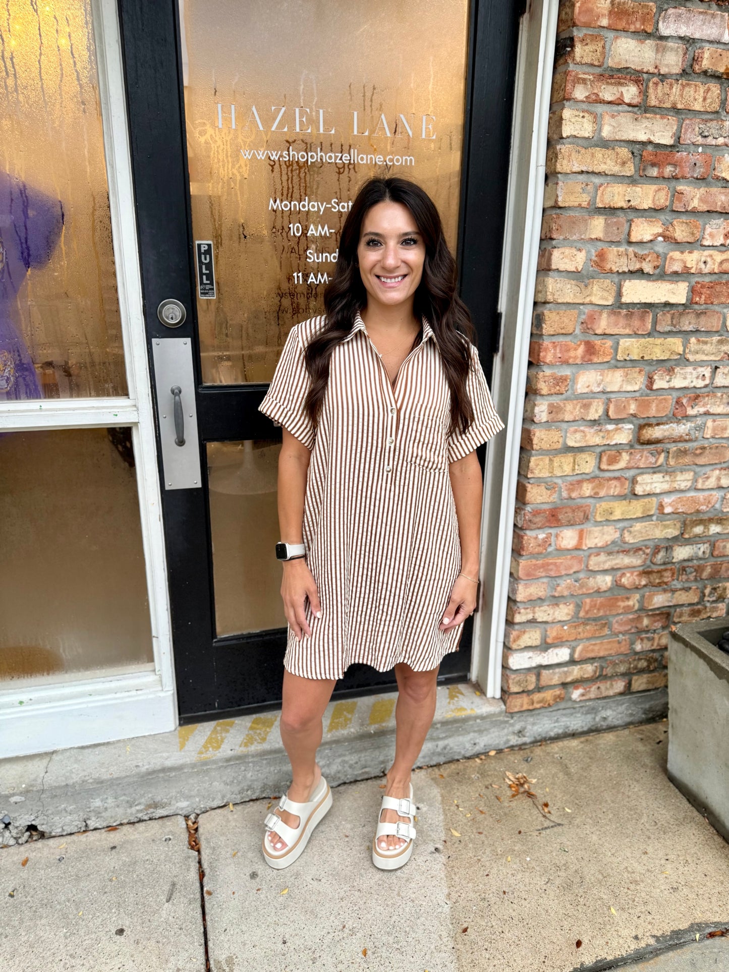 Day Striped Shirt Dress- Brown