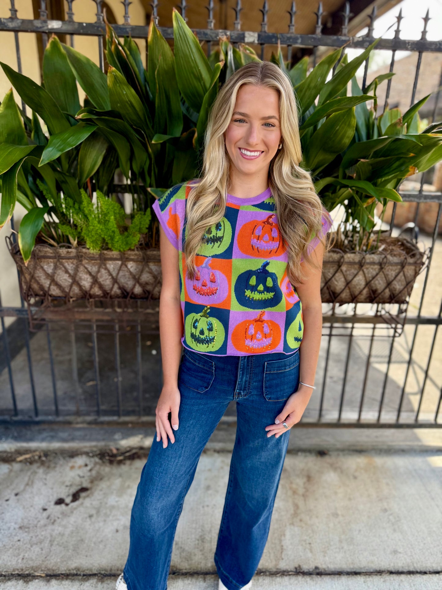 Checkered Pumpkin Knit Top