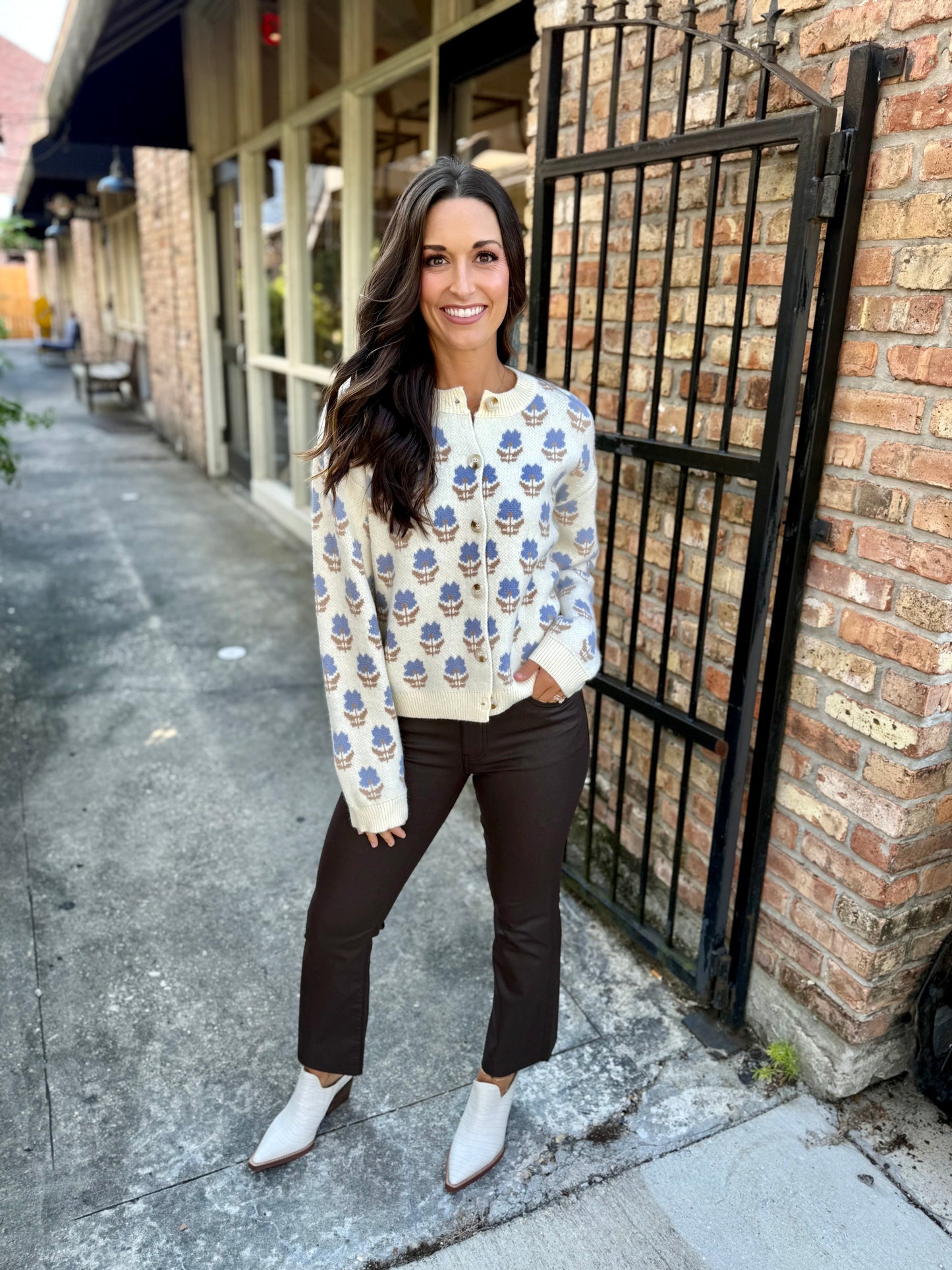 Revive Jacquard Cardigan- Cream/Blue