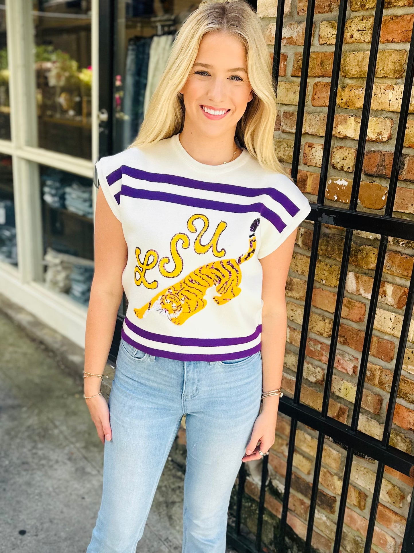 LSU Tiger Striped Short Sleeve Top