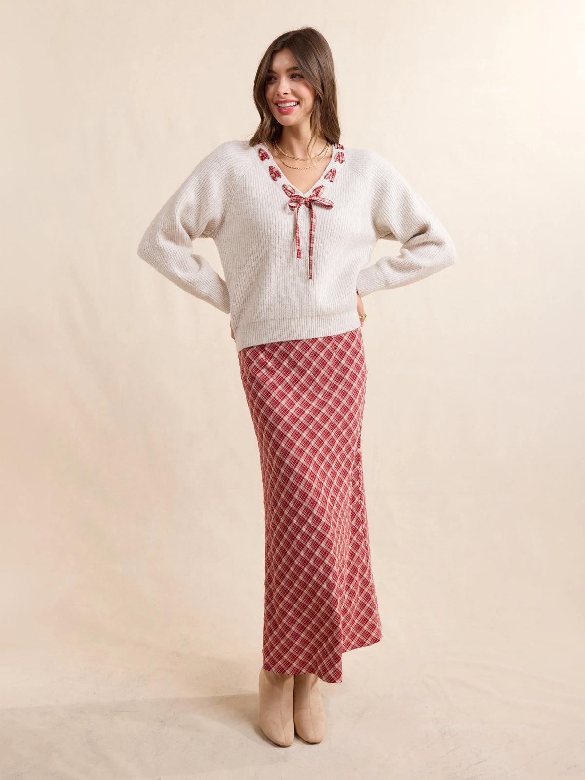 The Hostess Plaid Midi Skirt- Red