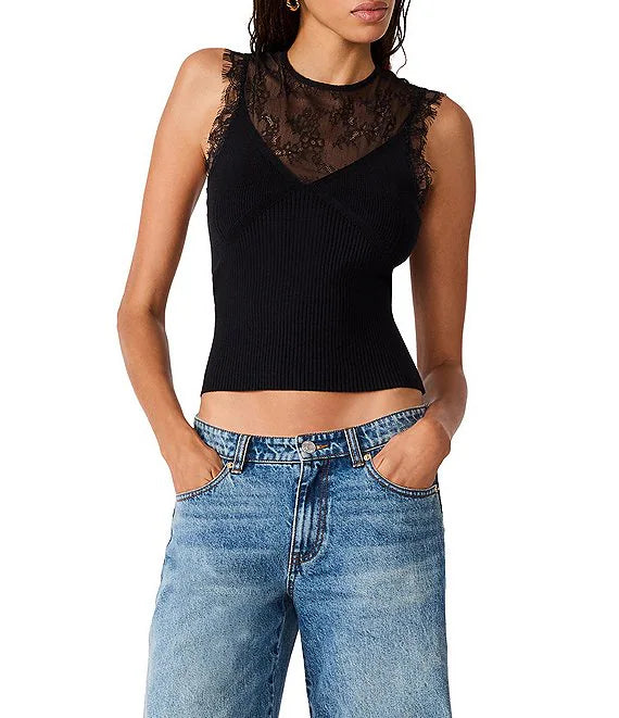 Kourt Lace Rib Knit Top- Black