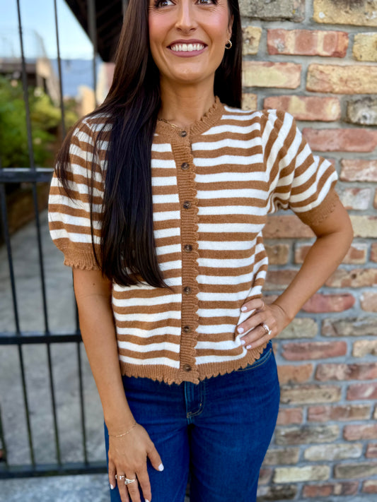 Bonnie Striped Sweater Top- Camel