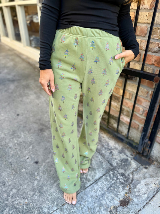 Scattered Multi Tree Pants- Mossy Green