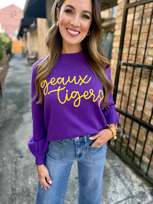 Geaux Tigers Embroidered Mock Sweater- Purple