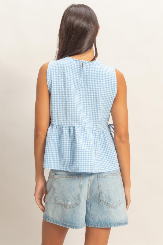 Gingham Peplum Top- Blue