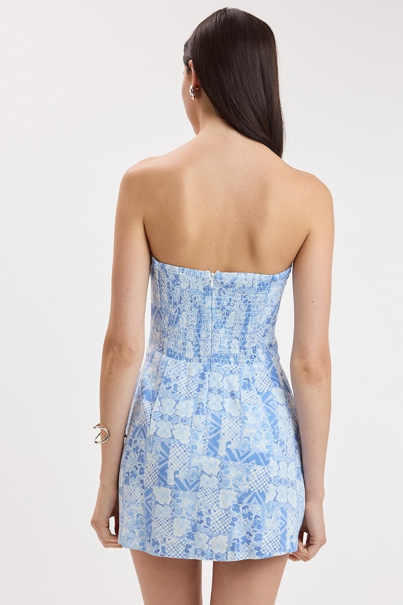 Patched Pattern Tube Mini Dress- Blue