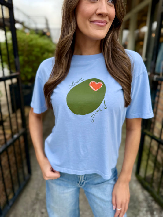 Olive You Cropped Tee- Blue