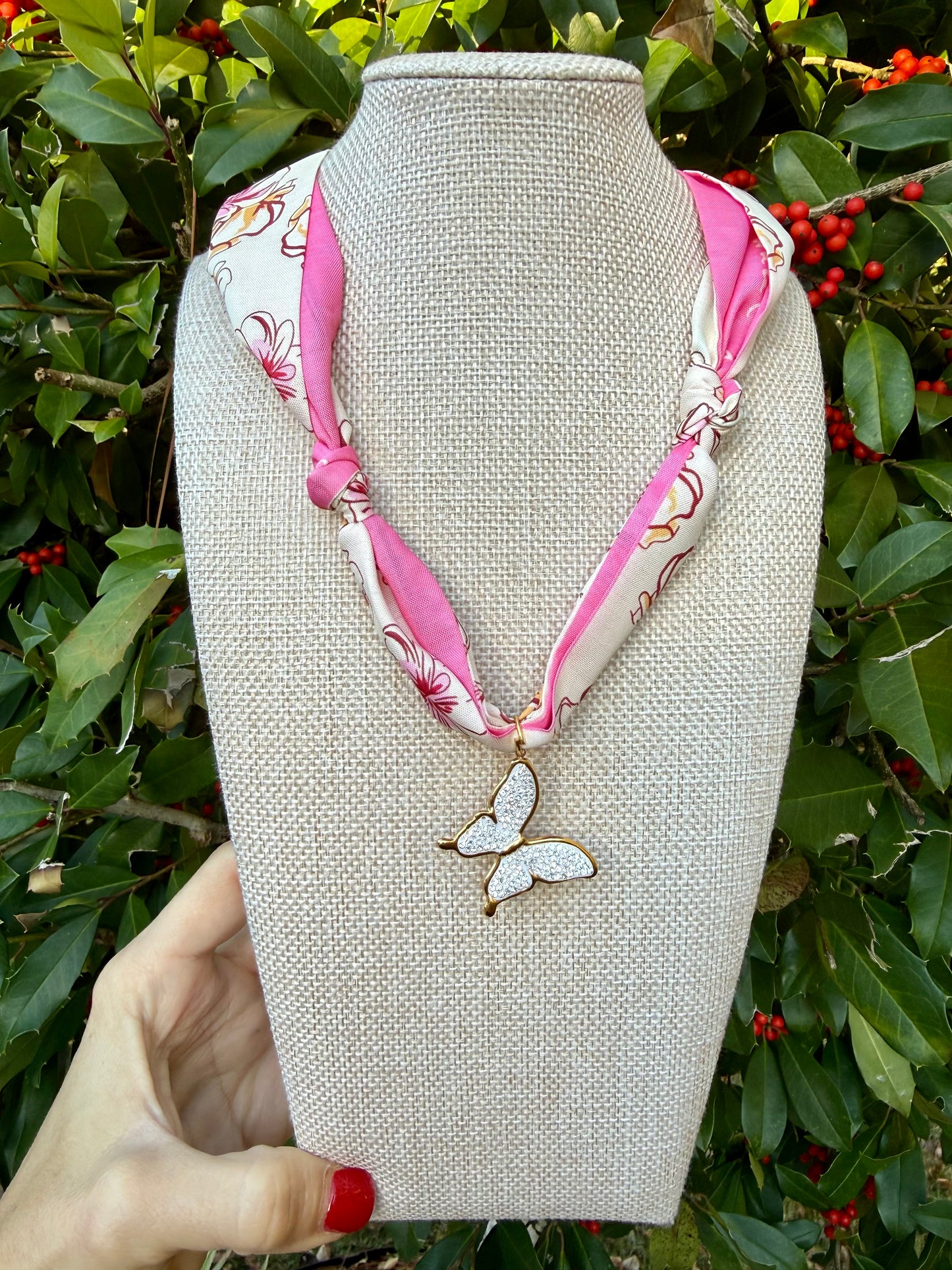 Scarf Necklace- Pink Hope/Butterfly