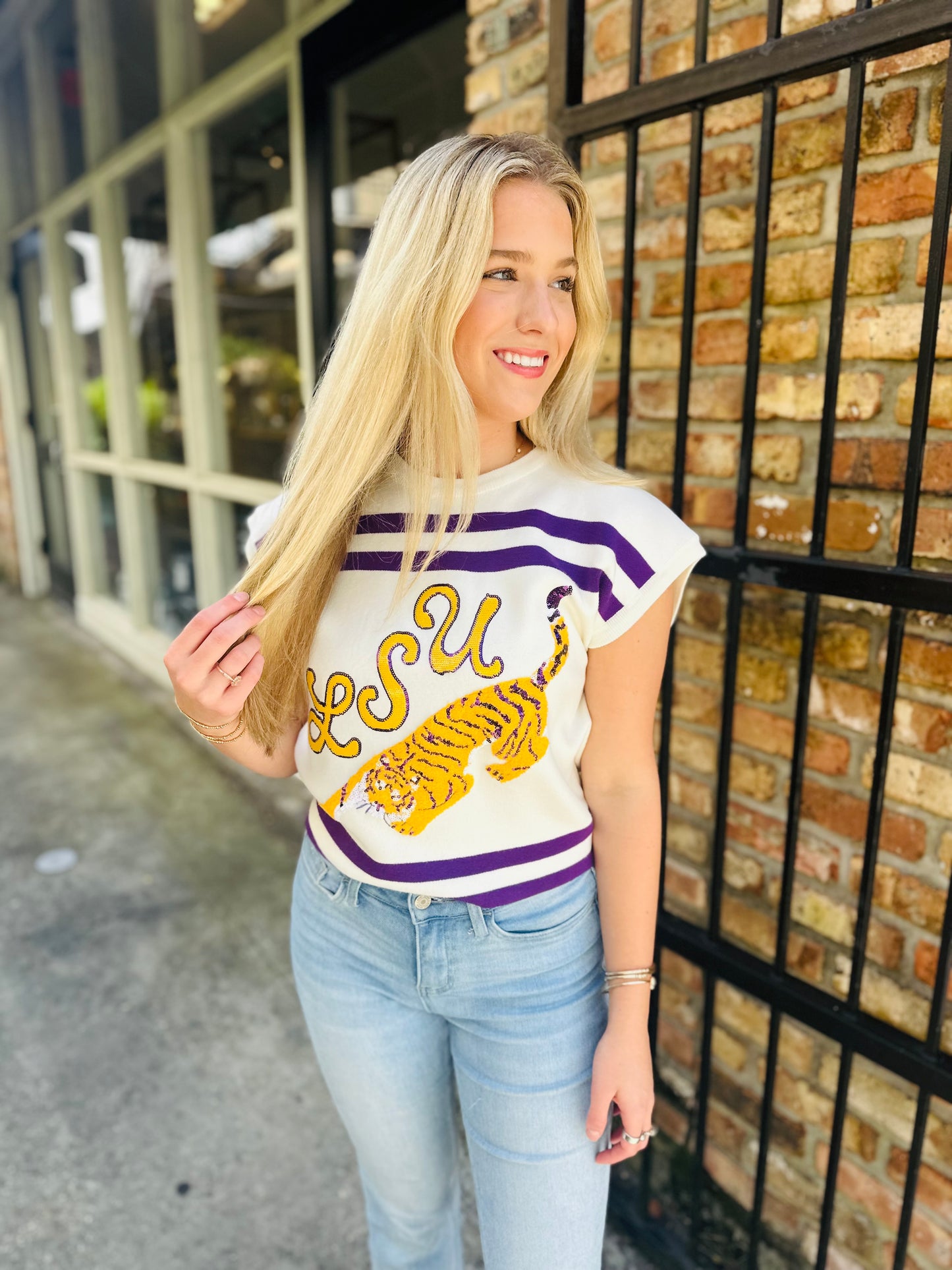 LSU Tiger Striped Short Sleeve Top