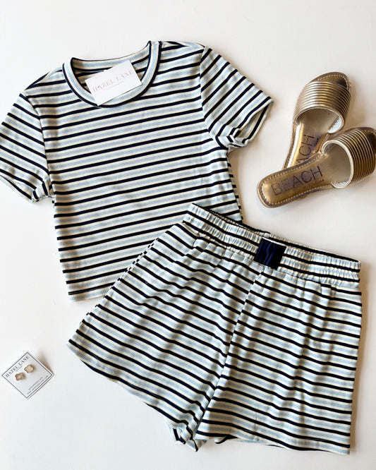 Nicole Striped Ribbed Tee- Navy/Blue