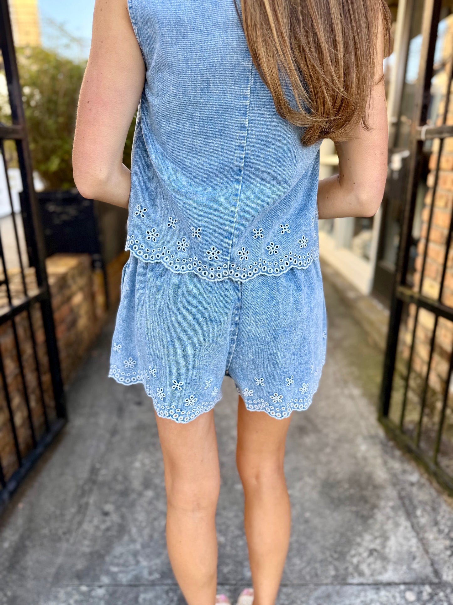 Embroidered Scalloped Denim Top