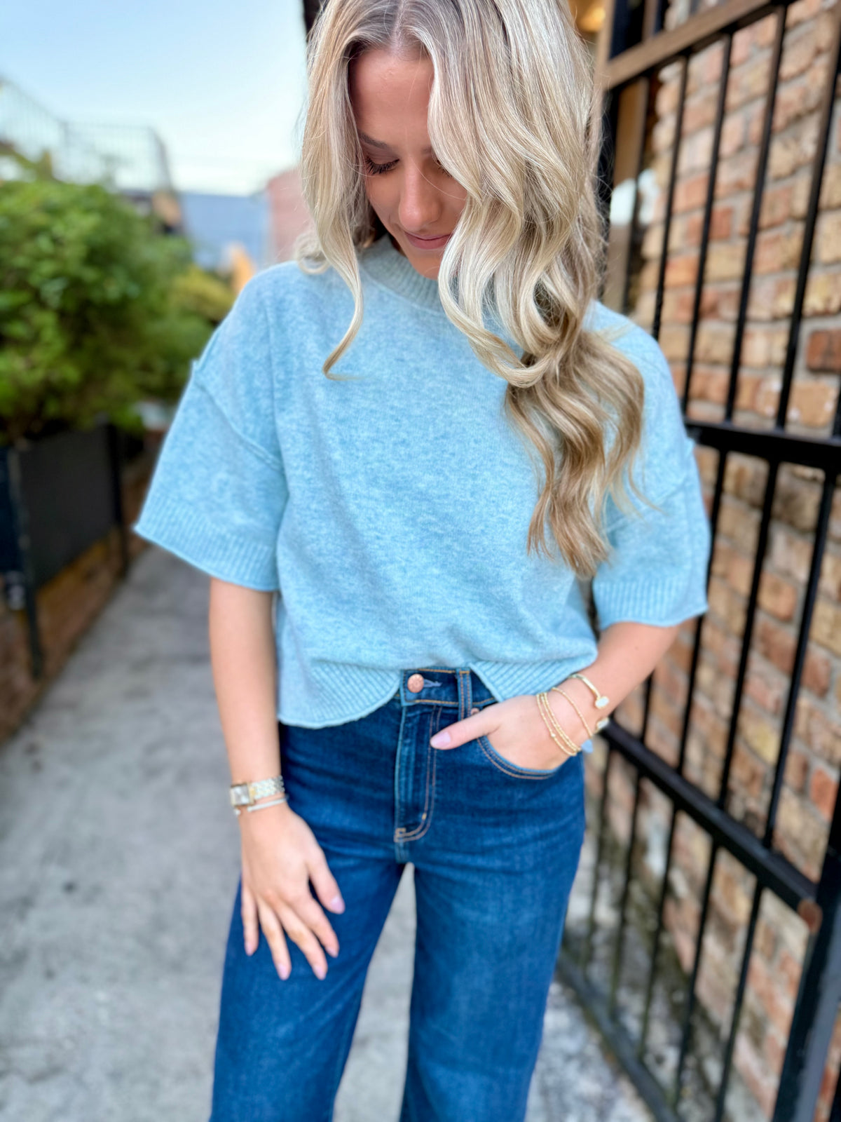 Brendan Mock Neck Sweater Top- Sky