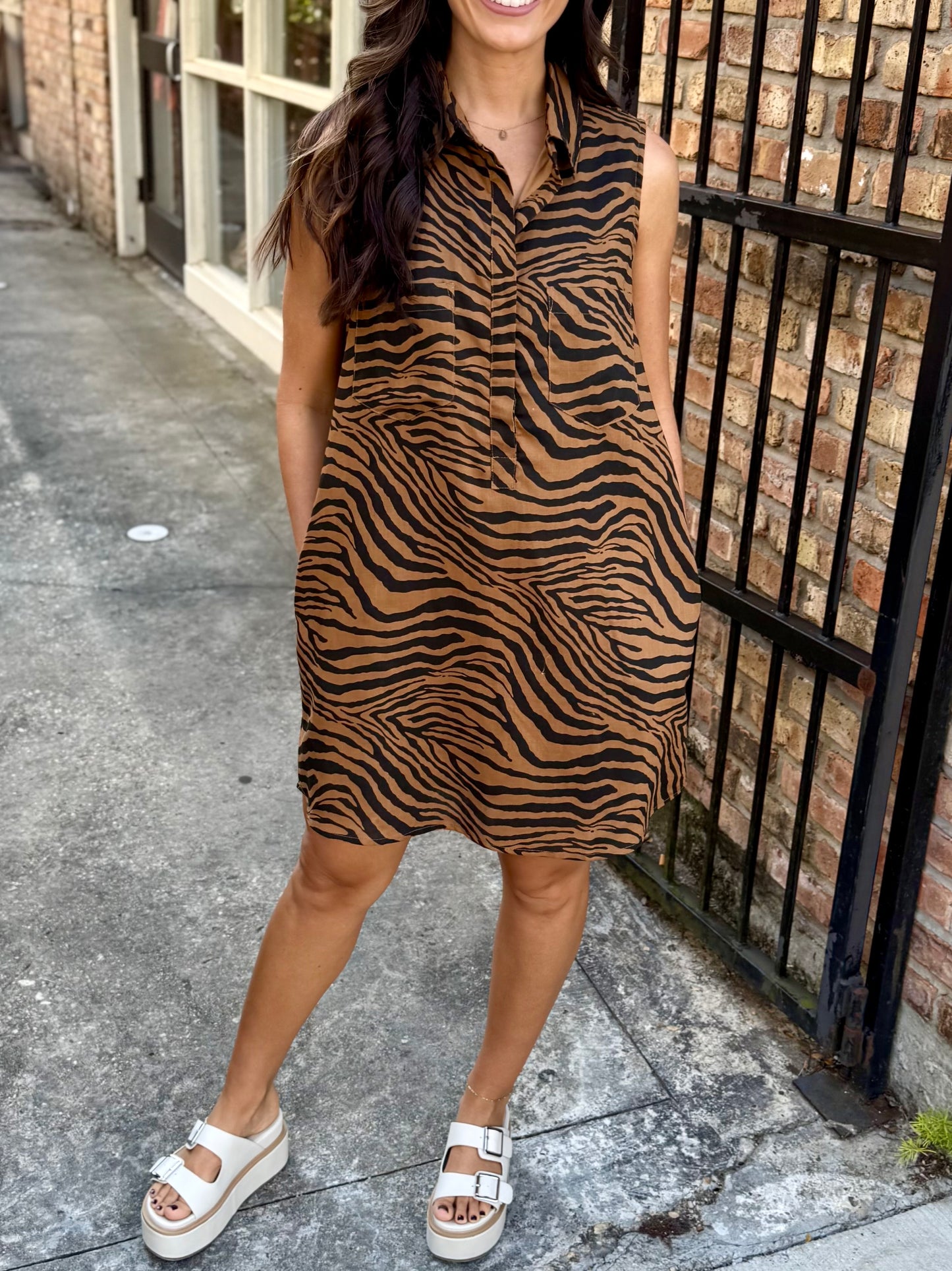 Tiger Print Button Down Shirt Dress