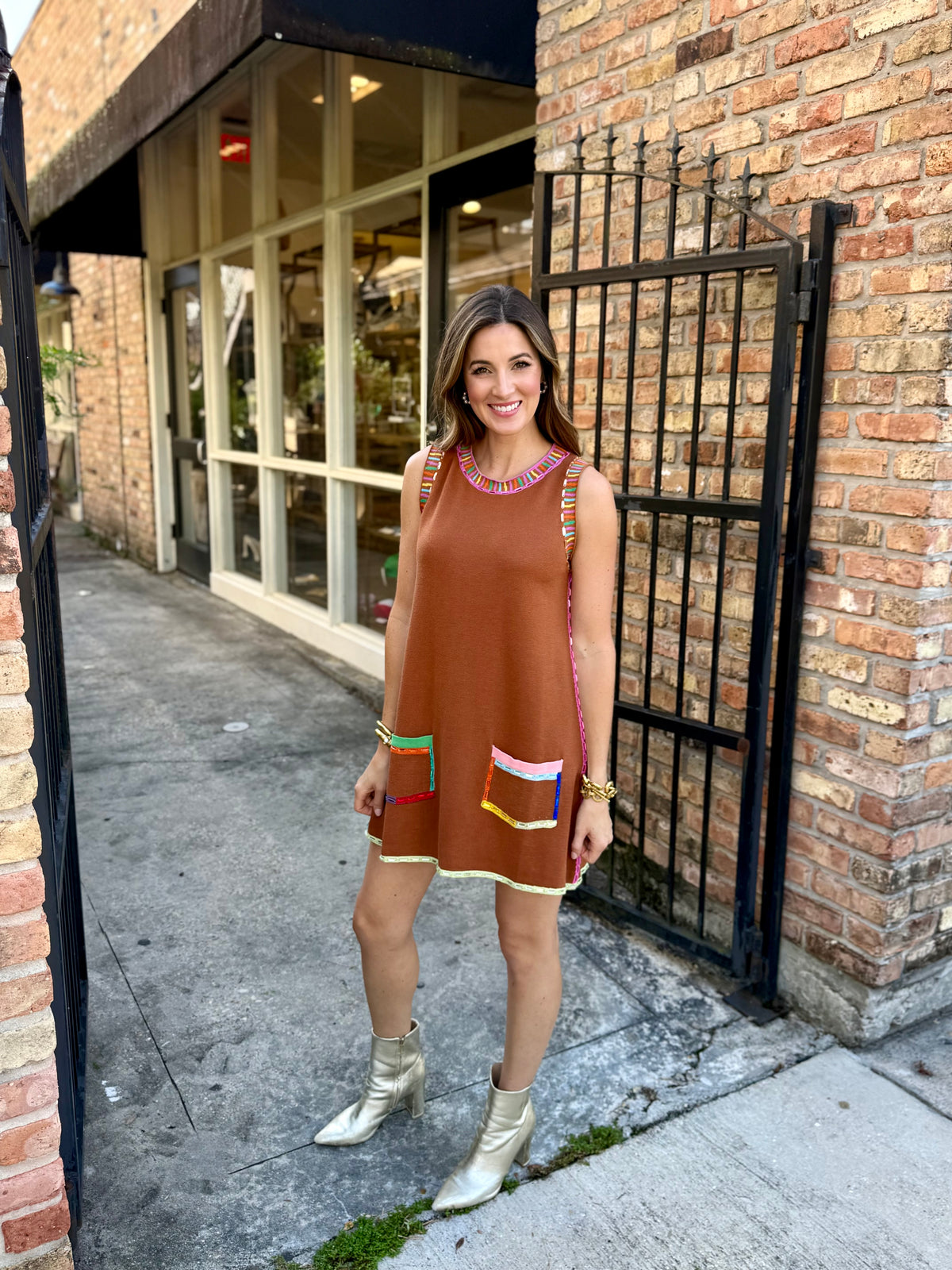 Queen Rainbow Rhinestone Trim Dress- Brown