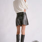 Pleated Faux Leather Mini Skirt- Black