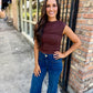 Mimi Ruched Mock Neck Top- Dk Brown