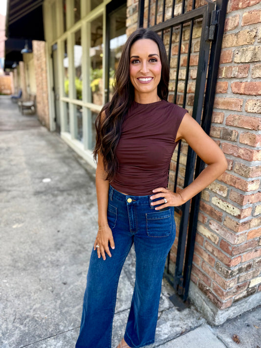 Mimi Ruched Mock Neck Top- Dk Brown