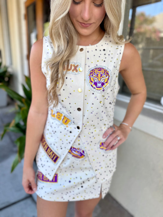 Queen LSU Scattered Logo Rhinestone Vest