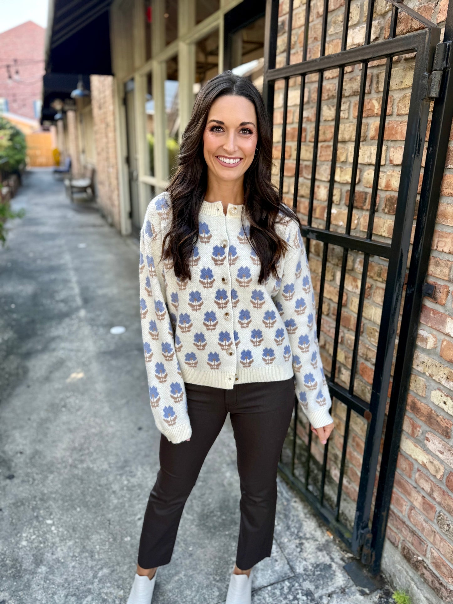 Revive Jacquard Cardigan- Cream/Blue