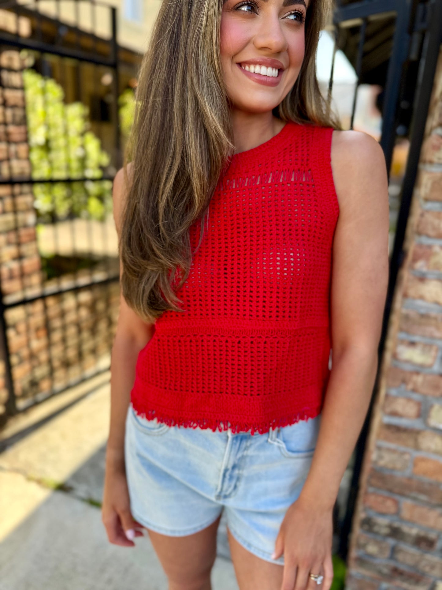 Conklin Crochet Fringe Tank- Red