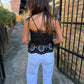 Embroidered Eyelet Peplum- Black