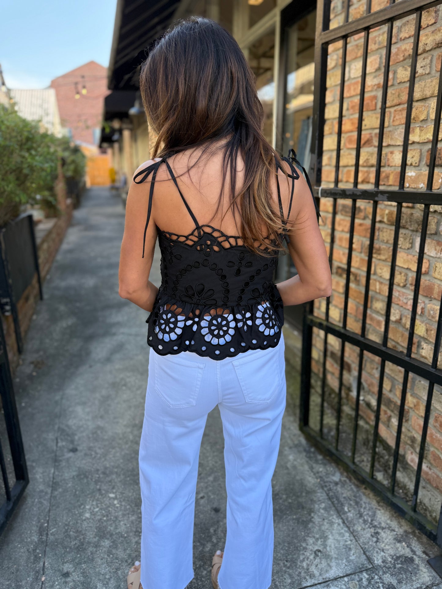 Embroidered Eyelet Peplum- Black