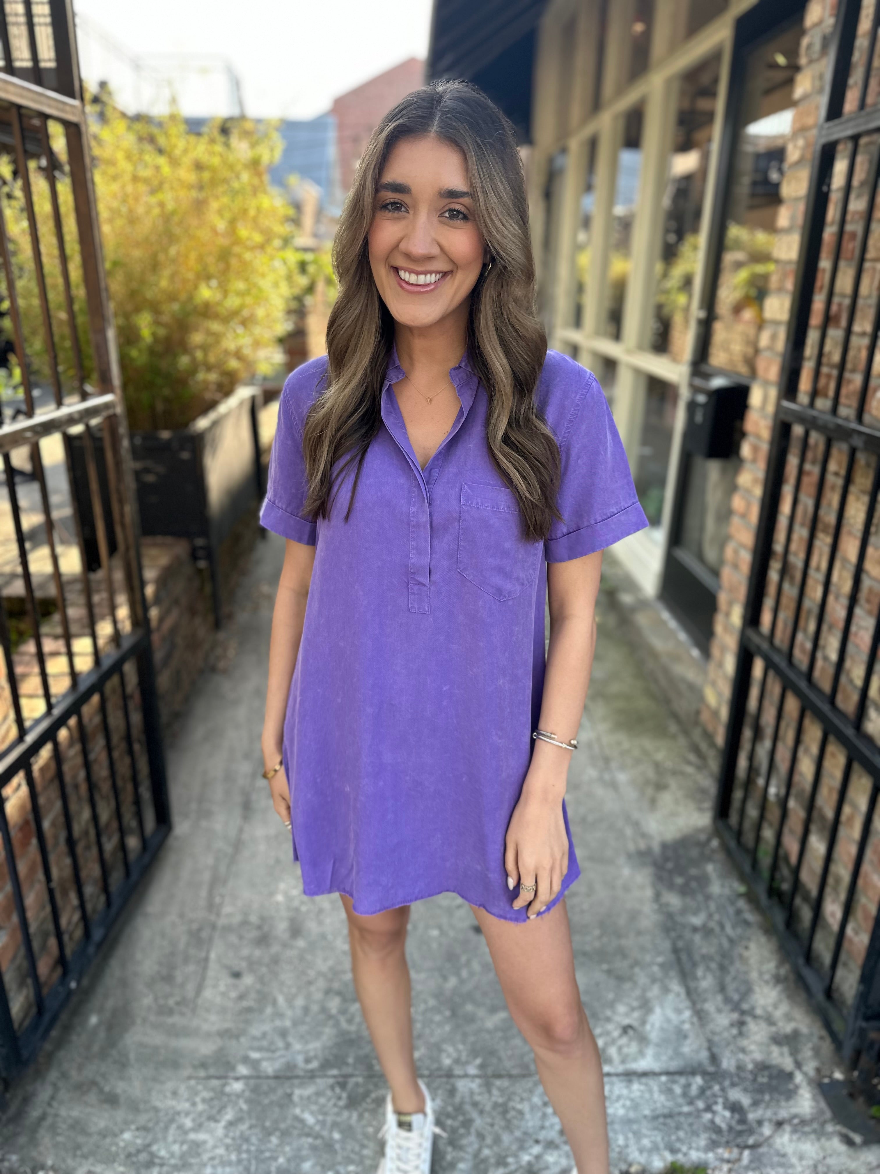 Moon Washed Denim Mini Dress- Purple – Hazel Lane Boutique