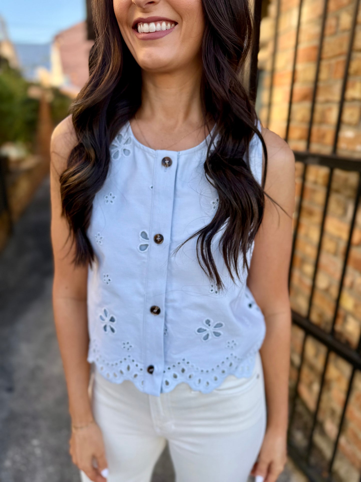Eyelet Embroidered Crop Tank- Blue