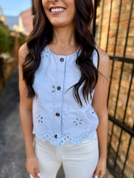 Eyelet Embroidered Crop Tank- Blue