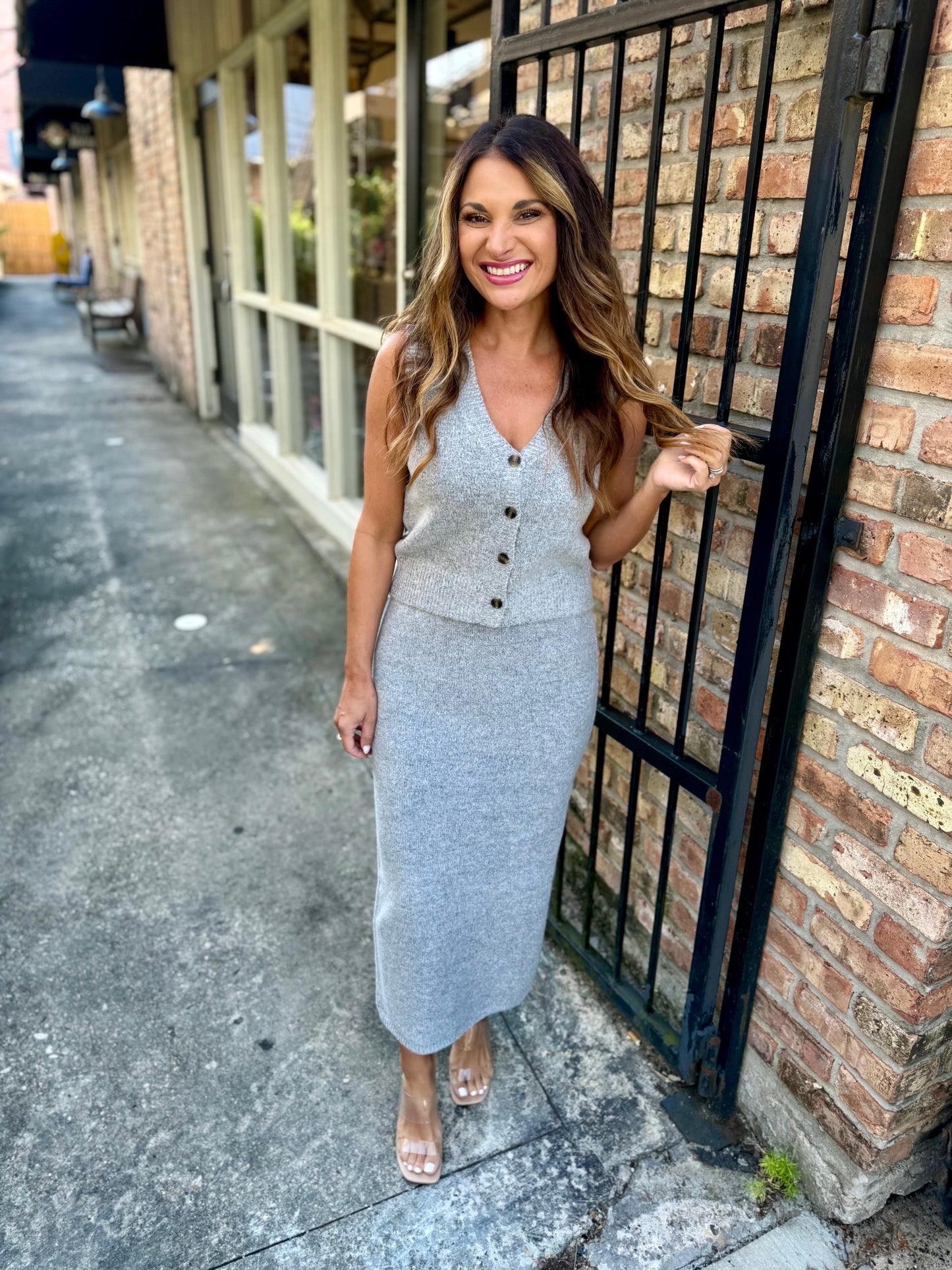 Beverly 2 PC Button Vest & Midi Skirt Knit Set- Gray