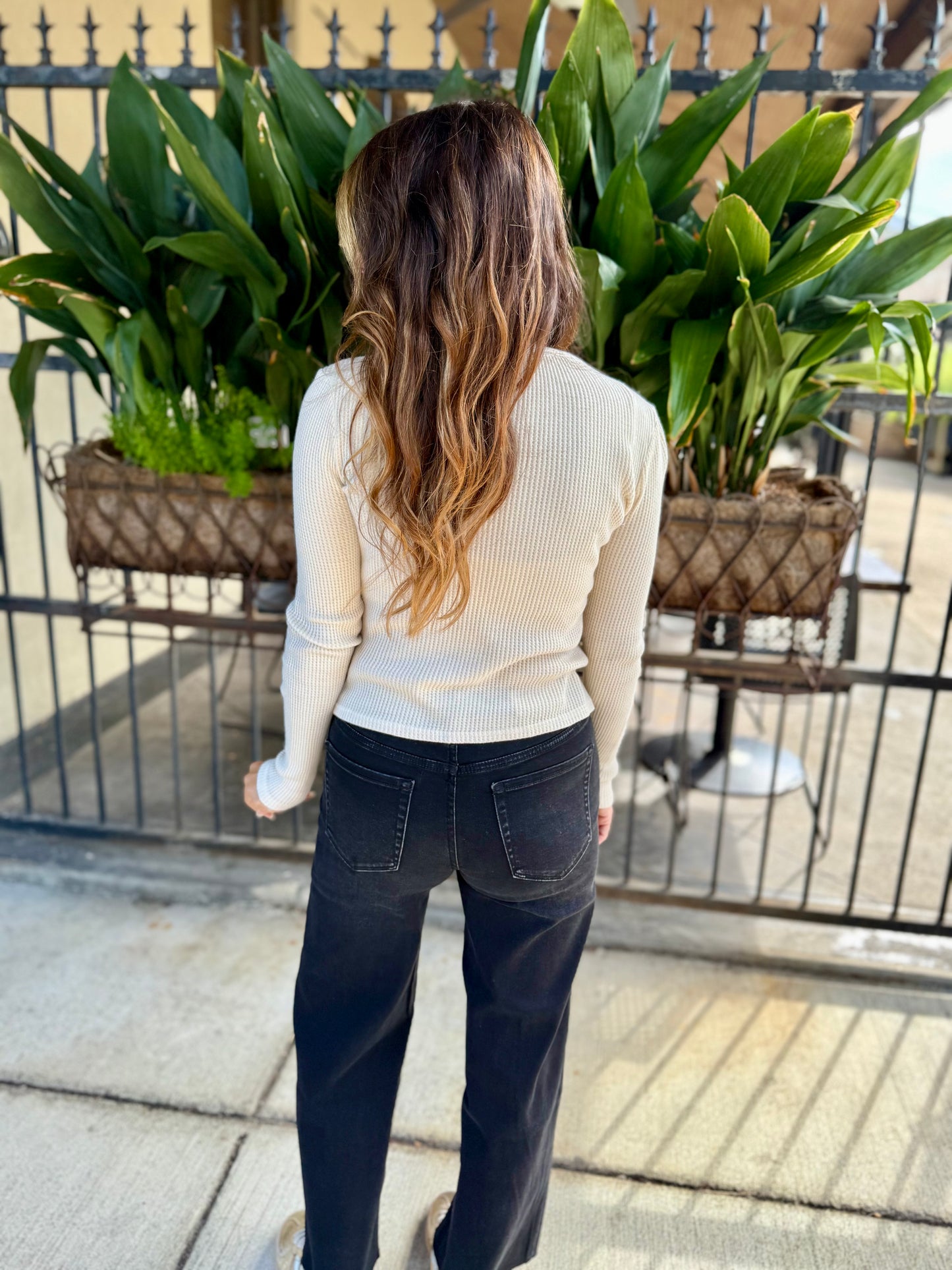 Mineral Waffle Knit Long Sleeve Top- Alpaca/Ivory