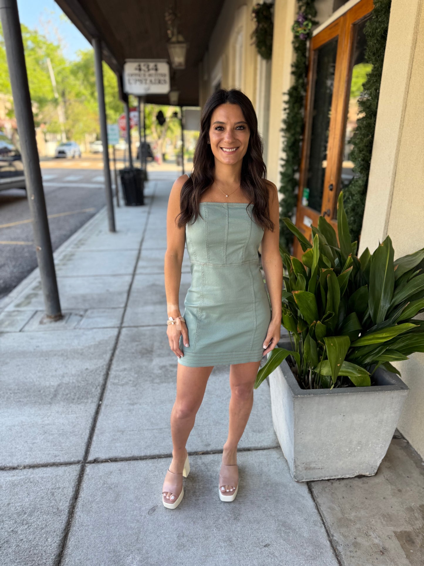 Alexa Contrast Stretch Denim Mini Dress- Mint