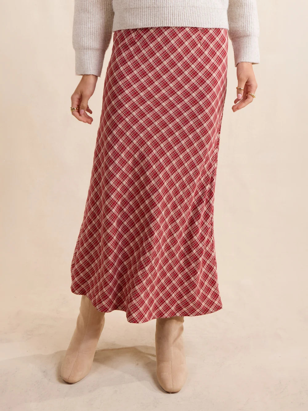 The Hostess Plaid Midi Skirt- Red