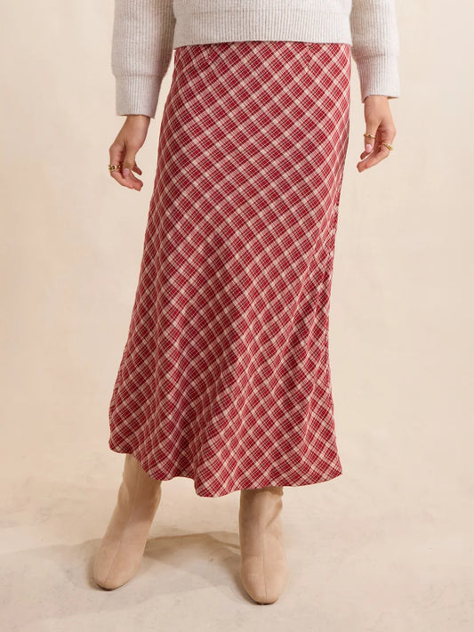 The Hostess Plaid Midi Skirt- Red