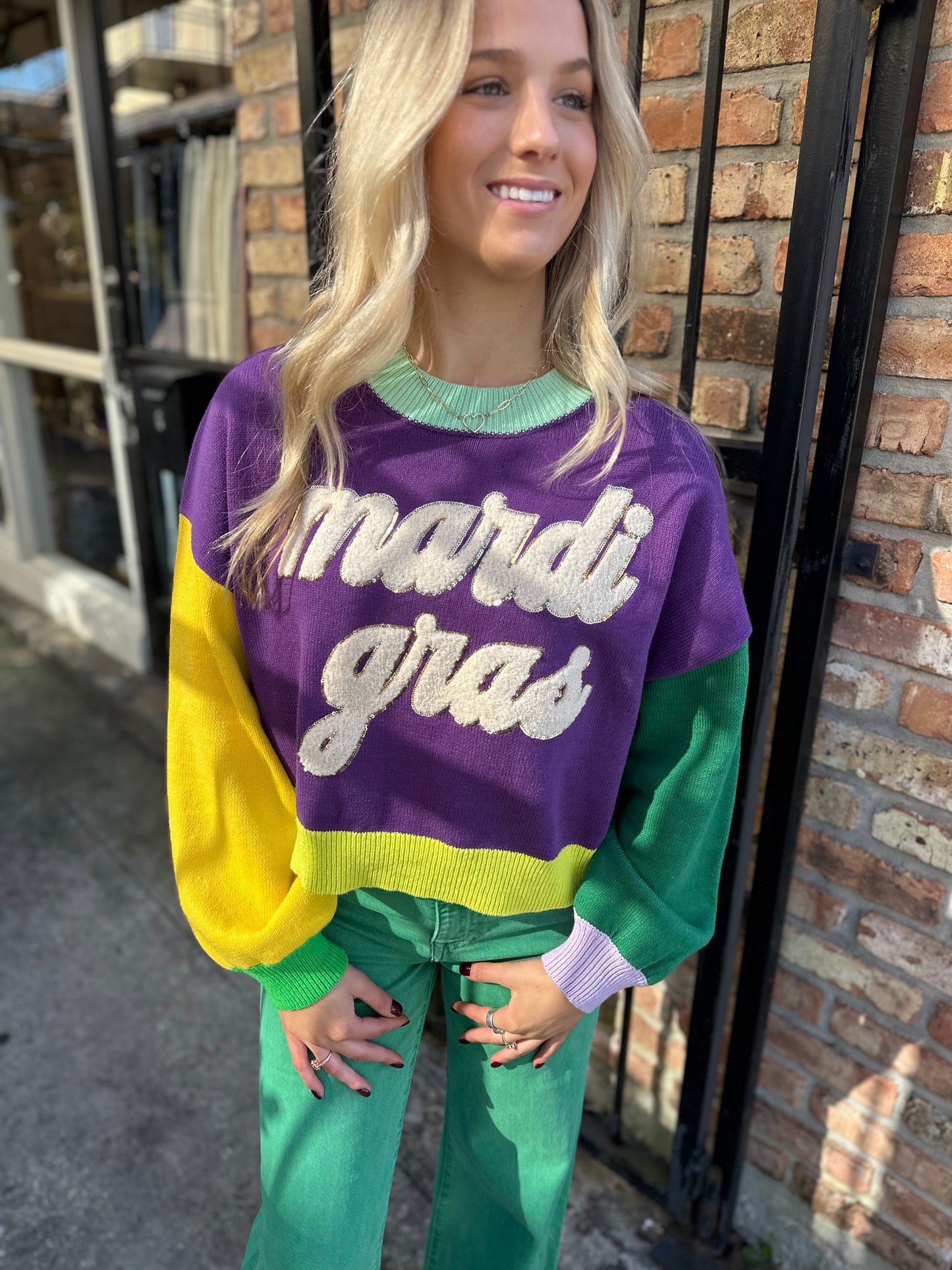 Mardi Gras Fuzzy Colorblock Sweater- Purple